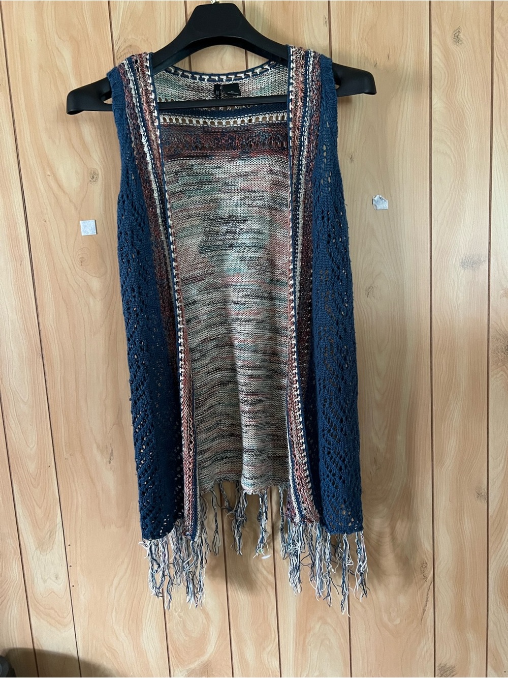 New Directions Boho Crochet Knit Long Vest Fringe Open Front Cardigan Duster